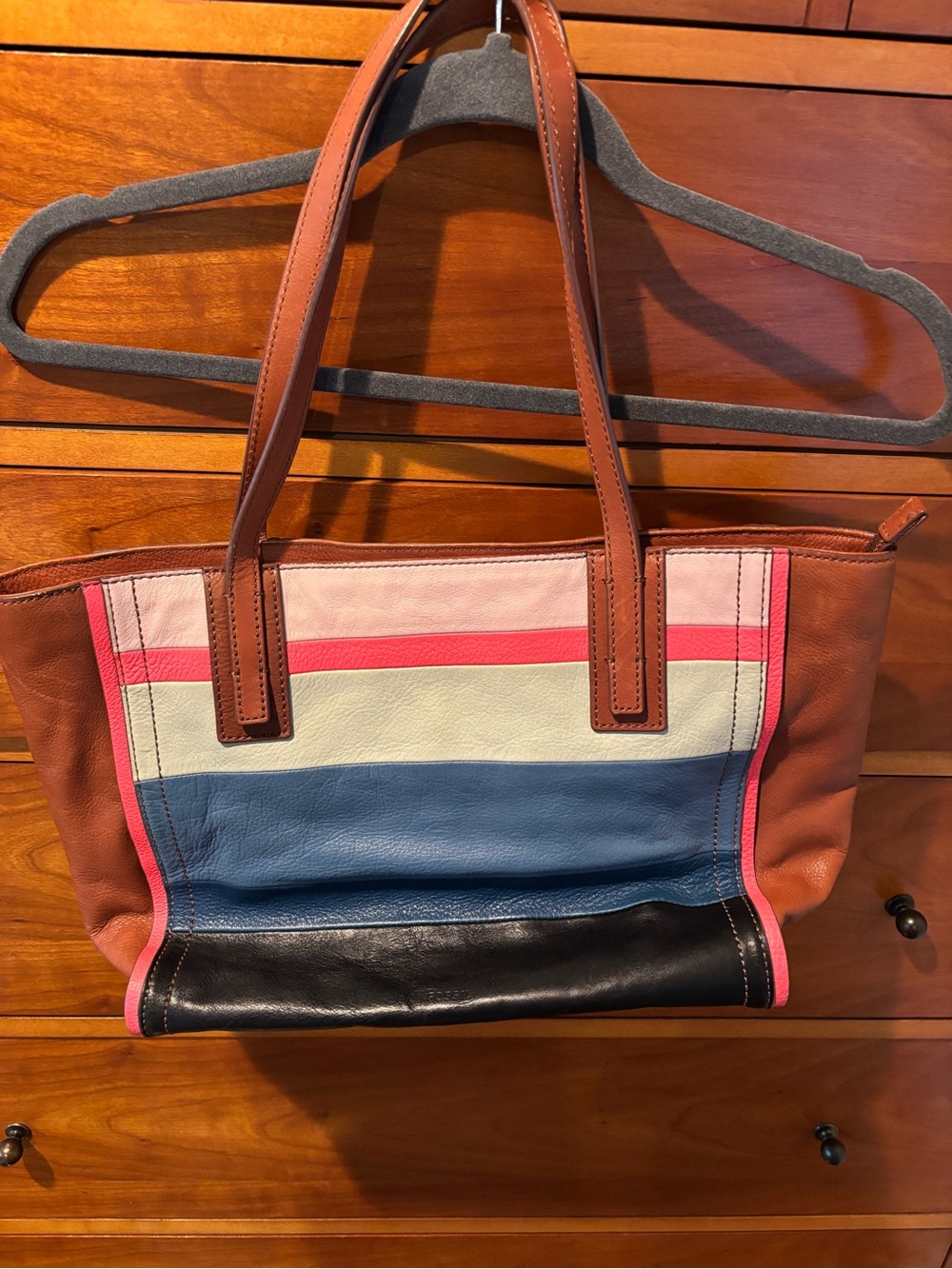 Fossil Leather Stripe Tote - Brown, Blue & Pink